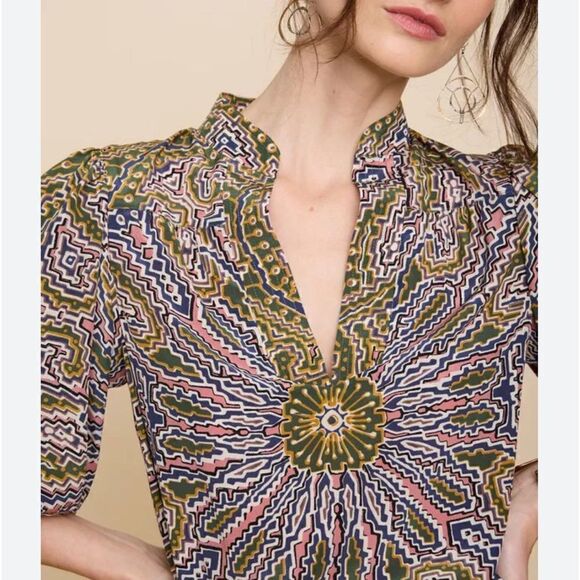 NWT Figue Cleo Silk Ruffle Neck Belted Dress in Medallion Multi Spruce XS - Picture 3 of 15